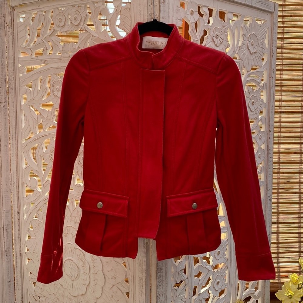 Stunning Red Twill Denim Valentino Roma Short Fitted Blazer Jacket–XS